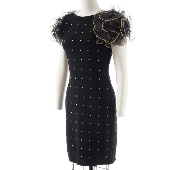 Tadashi Shoji Silk Puff Sleeve Black Body Con Party Dress Vintage ‘90s sz S - Picture 1 of 9